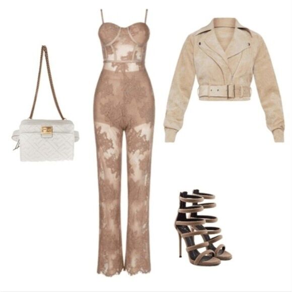Tan Corset Lace Jumpsuit - Picture 1 of 12